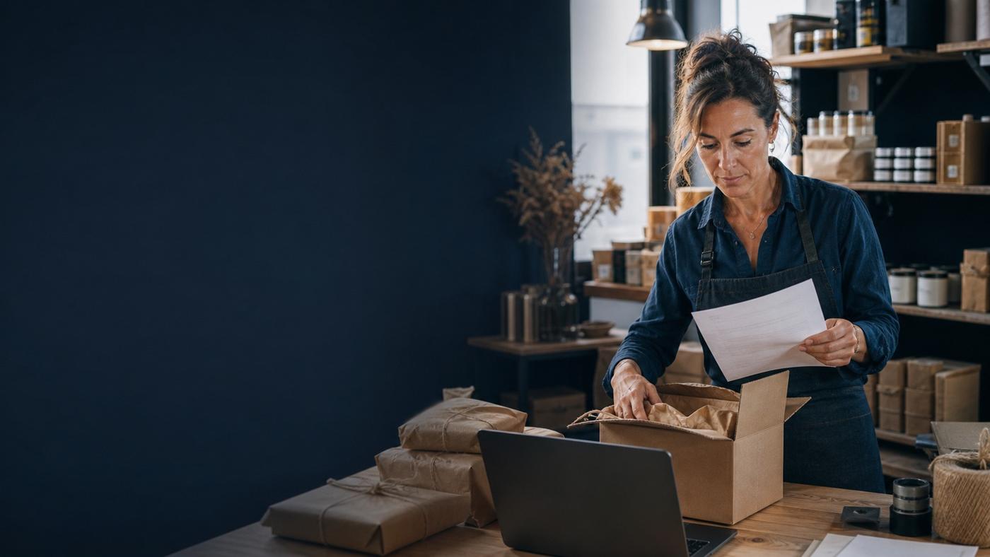 Une créatrice prépare une commande dans sa boutique