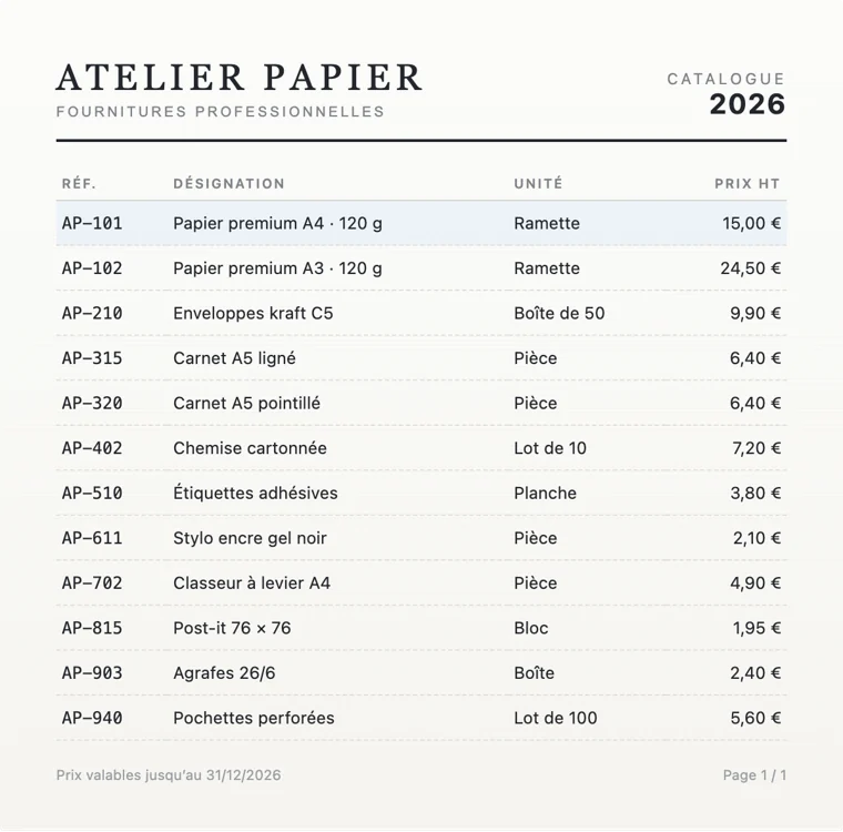 Catalogue PDF de démonstration : liste de produits Atelier Papier