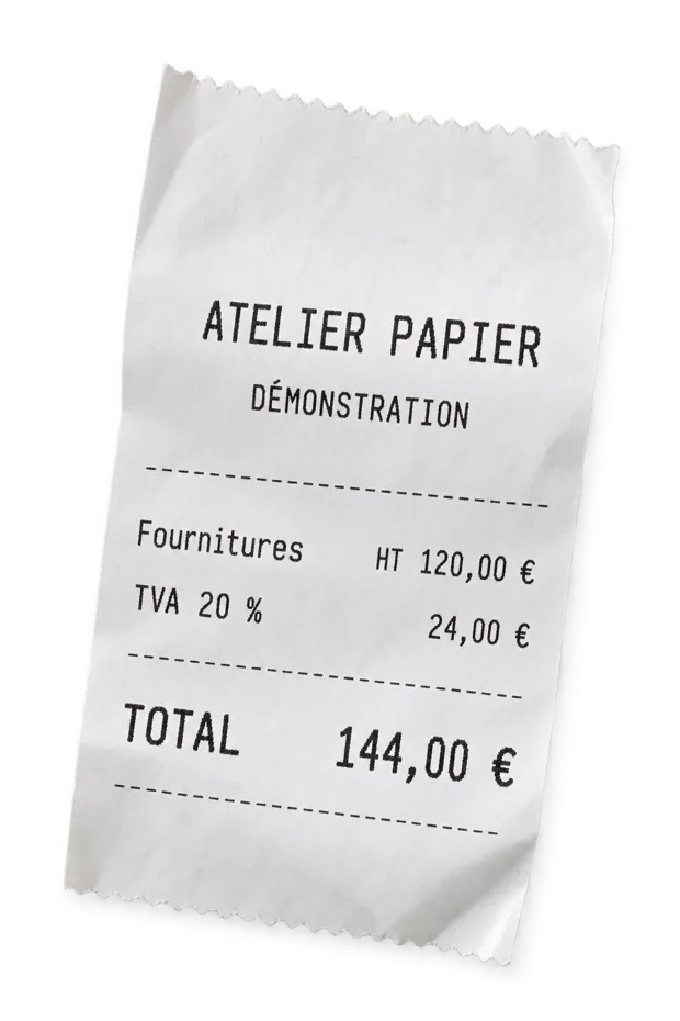 Ticket de démonstration détouré : 120 € HT, 24 € de TVA, 144 € TTC
