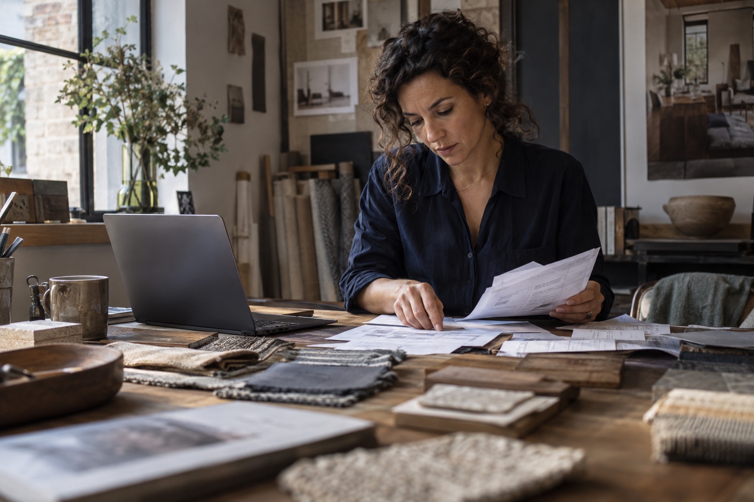Une entrepreneuse consulte ses documents de gestion à son bureau